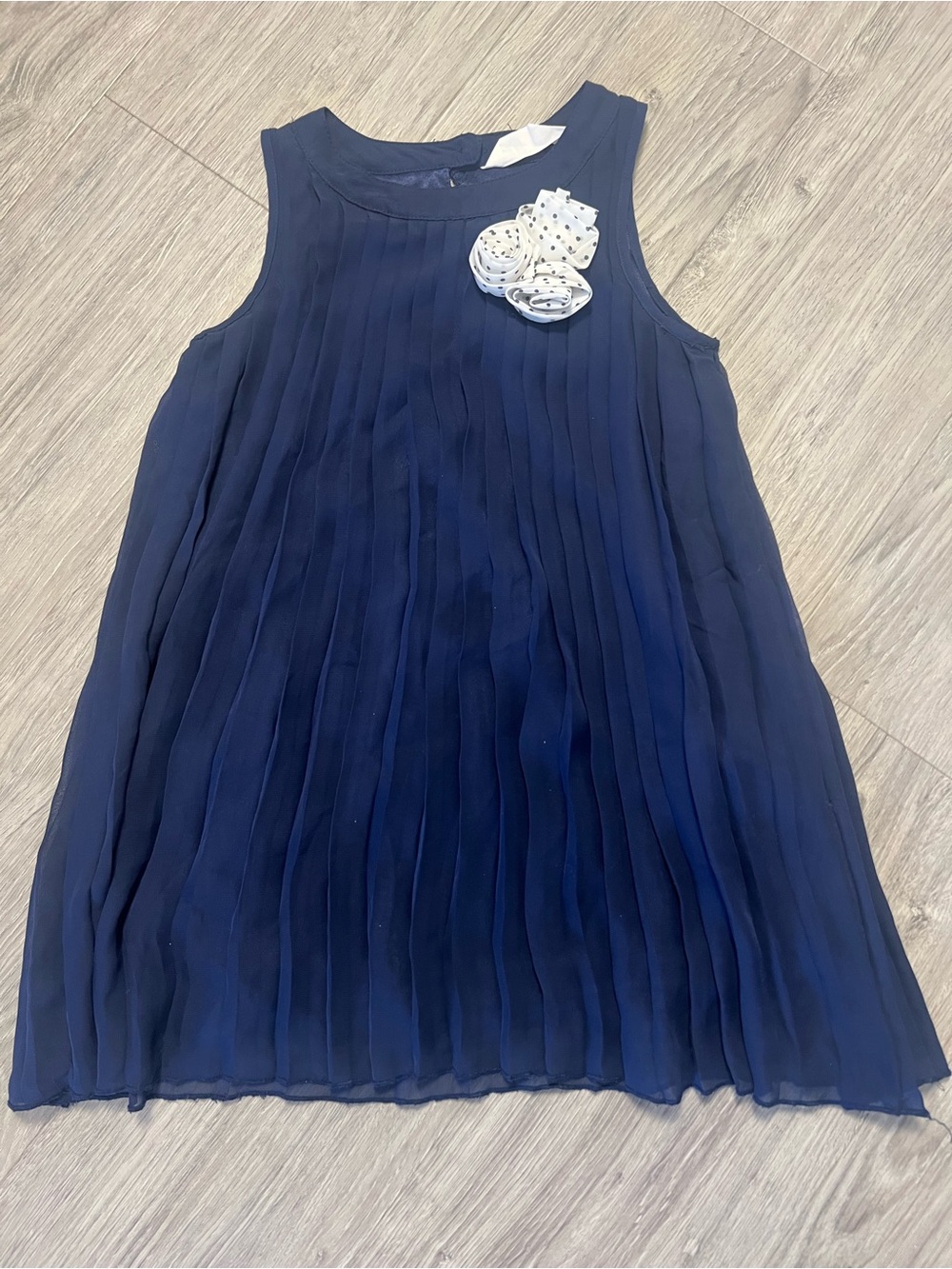 Navy Pleated Girls Dress with Flower Accent